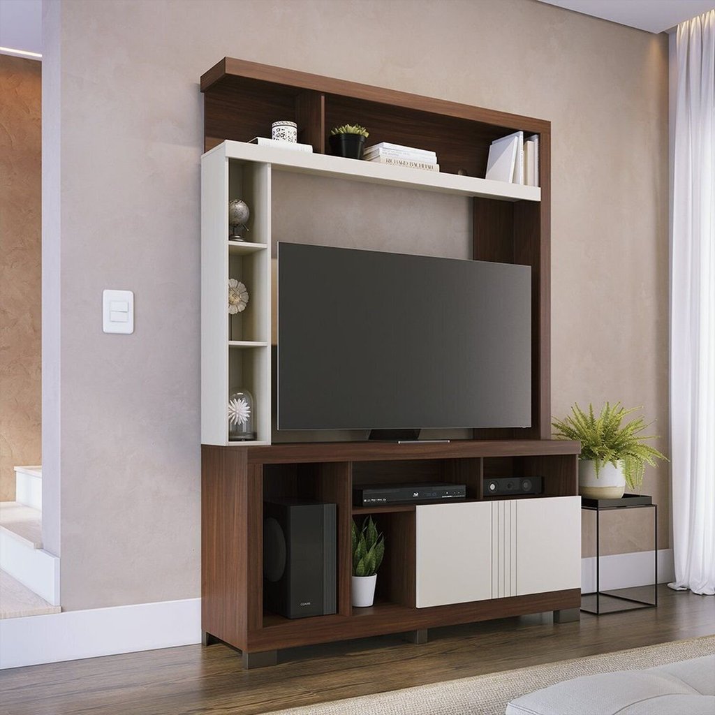 Estante para TV e Home Theater até 50 Polegadas 136,2CMX190CM 2 Portas Elba Marrom Nogueira Real/Off Branco