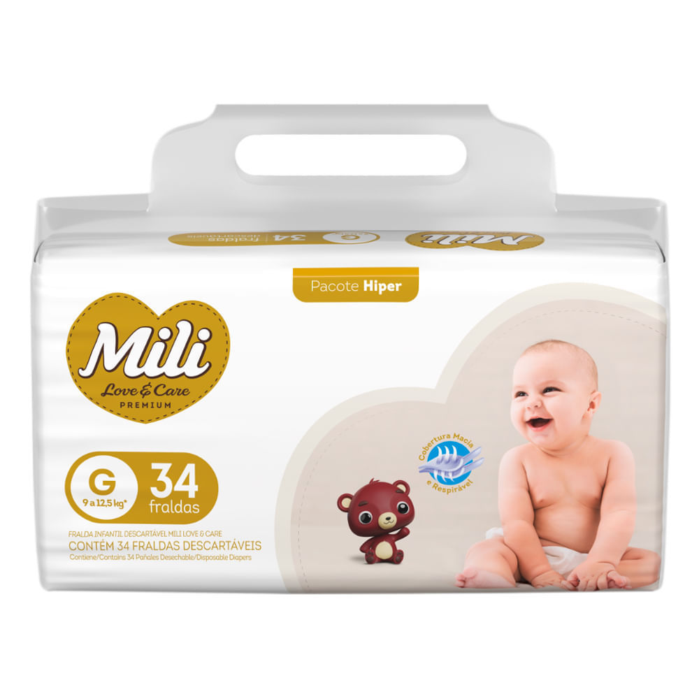 Fralda Infantil Mili Love e Care Premium Hiper Tamanho G com 34 Unidades Descartáveis
