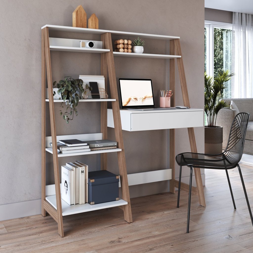 Conjunto Escritório Escrivaninha e Estante Multiuso 1 Gaveta 126cm Branco E Montana