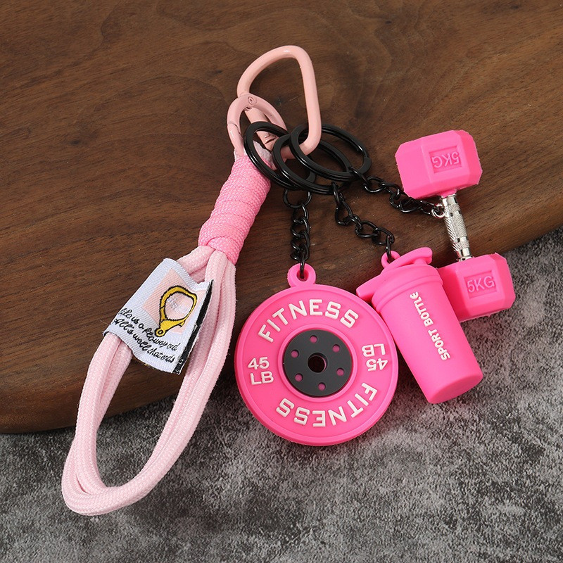 Criativo Rosa Fitness Chaveiro Haltere Garrafa Peso Pingente Para Saco Mochila Chaves Presente Divertido