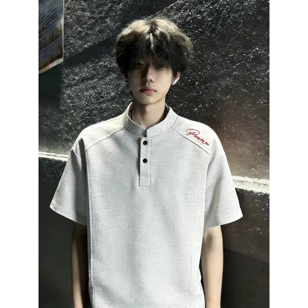 American Street Wear Camisa polo bordada de manga curta com gola alta masculina verão limpeza diária ombro genuíno Henry