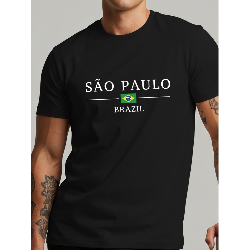 Camiseta Masculina São Paulo Brazil Estilo Casual Estampa Bandeira Blusa