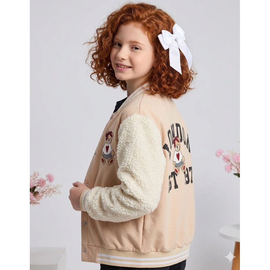Casaco Colegial Menina Infantil Jaqueta Bomber Teddy Peluciada Inverno Botão Quentinho
