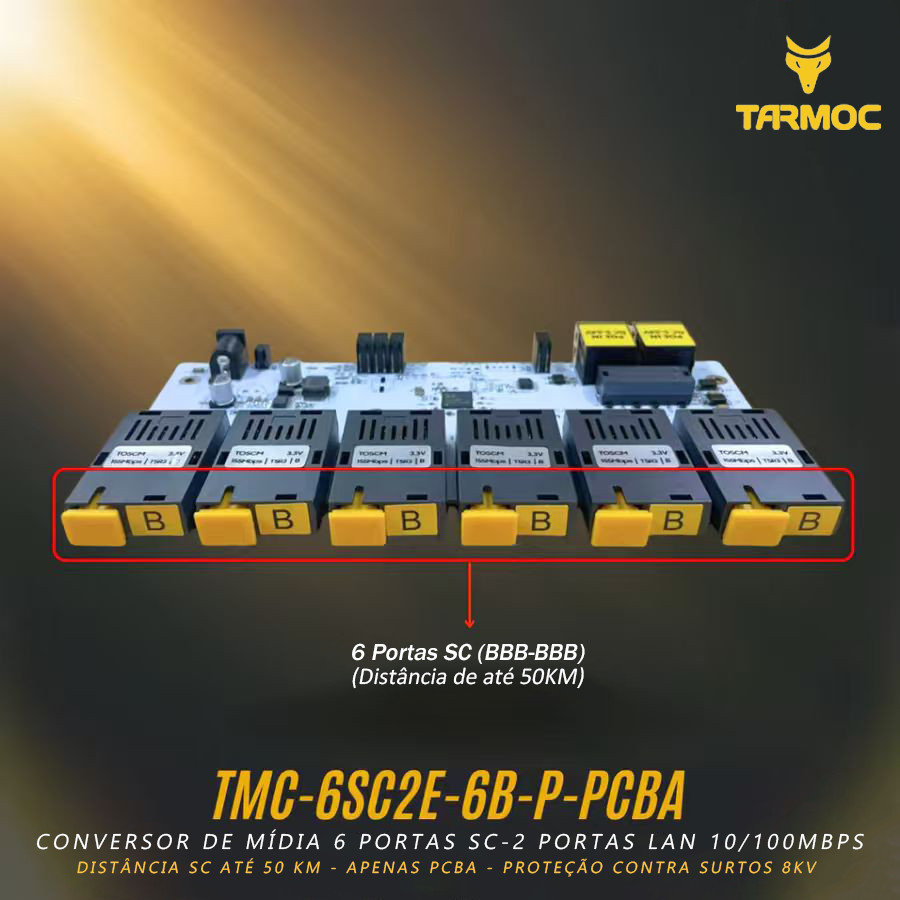 Tarmoc TMC-6SC2E-6B-P-PCBA PCB - Conversor de Mídia Fibra Óptica Switch 6 SC 2 LAN / 6 FO 2 LAN 10/100 POE IN 5-24 Volts