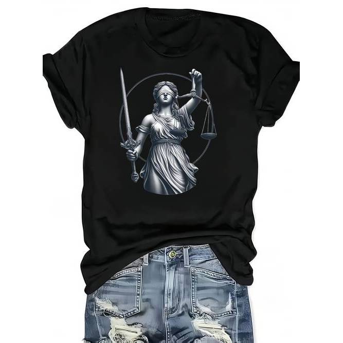 Camiseta Feminina Tema Themis Deusa Grega Justiça Estampada Casual Confortável Estilosa Elegante Moda Primavera Verão
