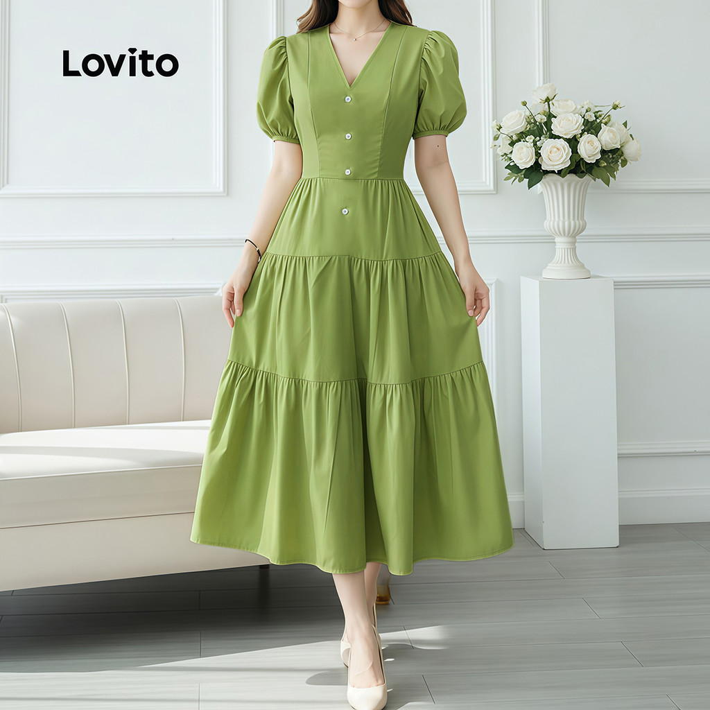 Lovito Elegante Vestido Longo Linha Estrutura Lazer Simples Primavera/verão Verde para Mulheres LK4ED1552 · foto 2
