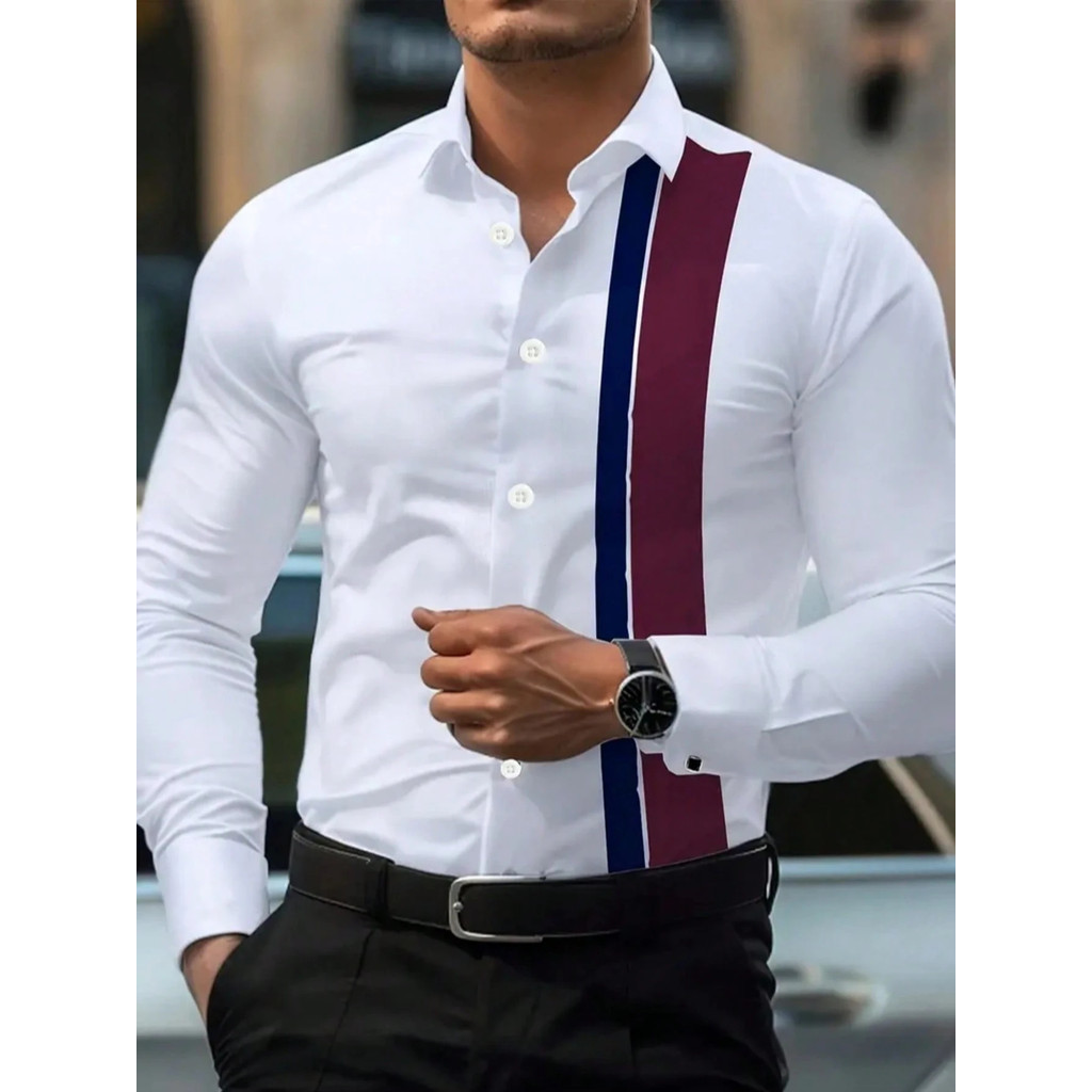 Camisa Masculina De Manga Comprida Estampada Listrada Para Primavera E Outono casual De Peito Único , top Da Moda Festa