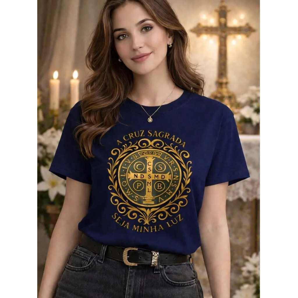 Camiseta Católic A Cruz Sagrada Casual Conforto 100% Algodão