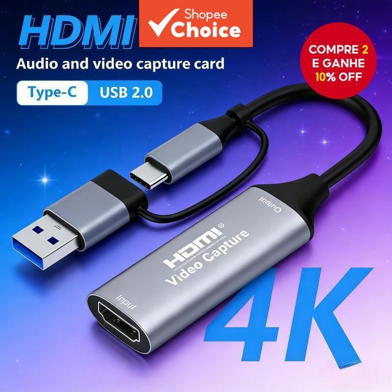 Placa de captura de vídeo 2-em-1 USB 2.0 Tipo-C 4K HDMI para gravação de jogos PS4 PS5 Switch Xbox, streaming ao vivo
