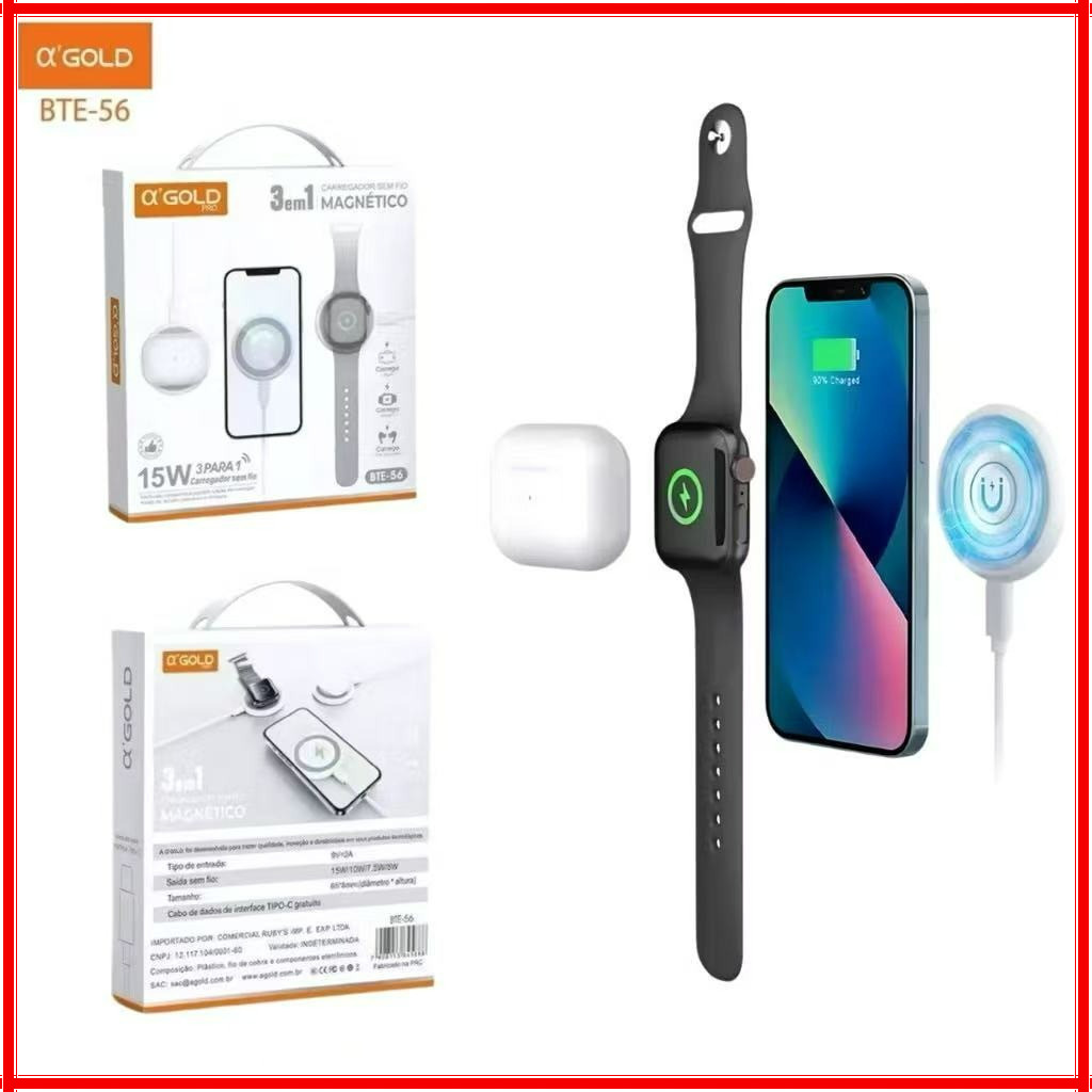 Carregador relógio Magnético 3 em 1 Compatível MagSafe para iPhone, Apple Watch