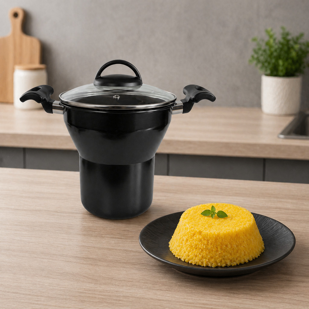 Cuscuzeira Cuscuz Por Induçao com Tampa De Vidro Esmaltada Media Preta Cooktop Premium