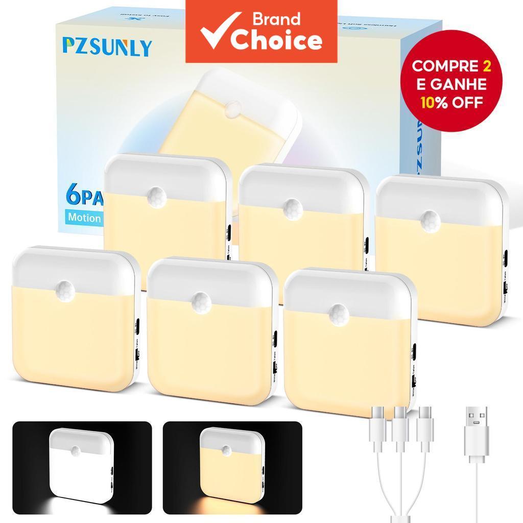 Luz Noturna Com Sensor De Movimento PZSUNLY 6 Pacotes 1000mAh Magnético Recarregável