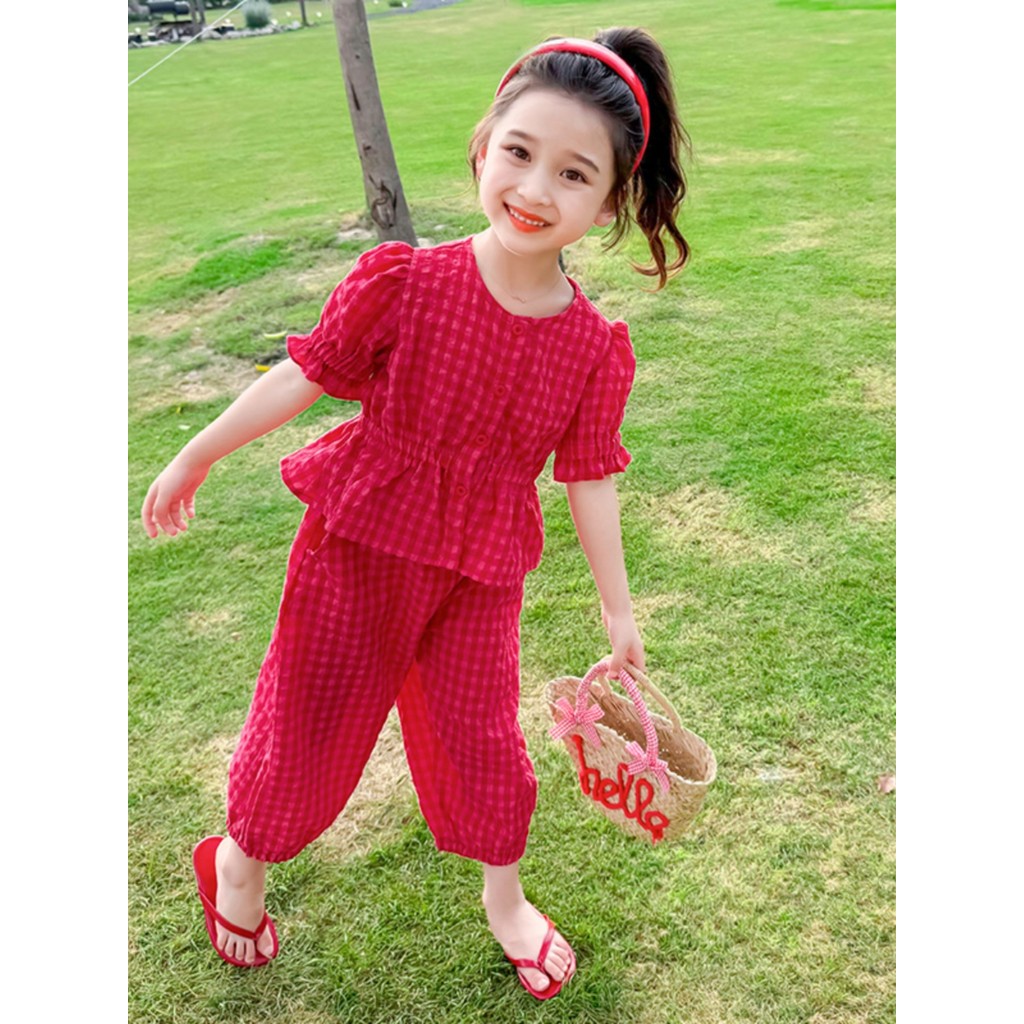 Crianças terno de verão 2026 novo estilo bebê menina moda estilo ocidental xadrez terno de duas peças meninas finas
