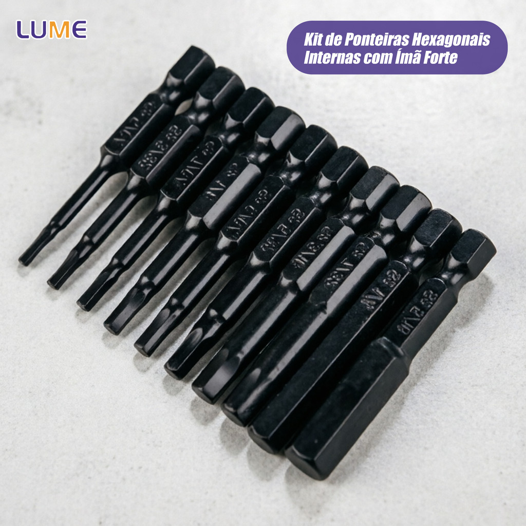 Kit Bits Allen Magnético 10 Peças para Furadeira Sextavado Alta Resistência Métrico e Polegada