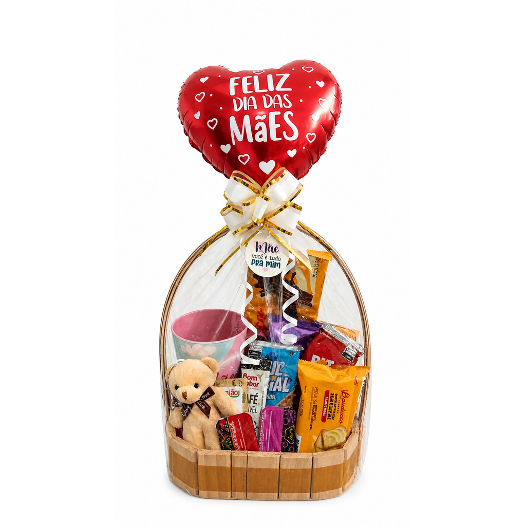 Presente Dia das Mães Completo – Cesta com Chaveiro de Ursinho e, Doces, Balão e Copo