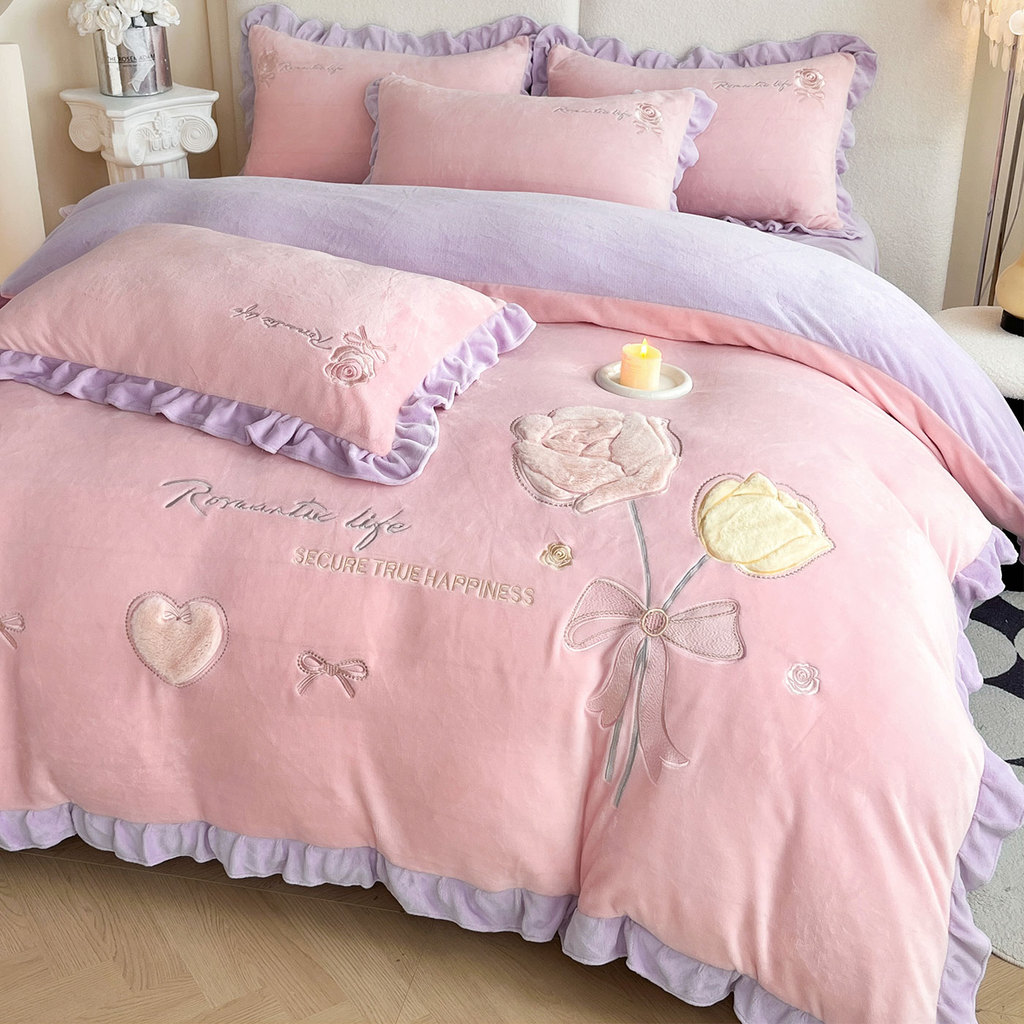 Inverno estilo princesa leite veludo conjunto de quatro peças dupla face engrossado velo Coral flanela renda colcha bord