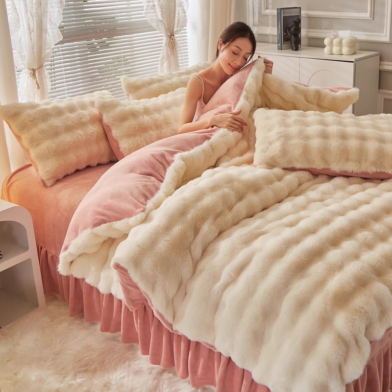 Outono inverno dupla face leite Coral velo cama conjunto de quatro peças engrossado pelúcia colcha capa flanela coelho p