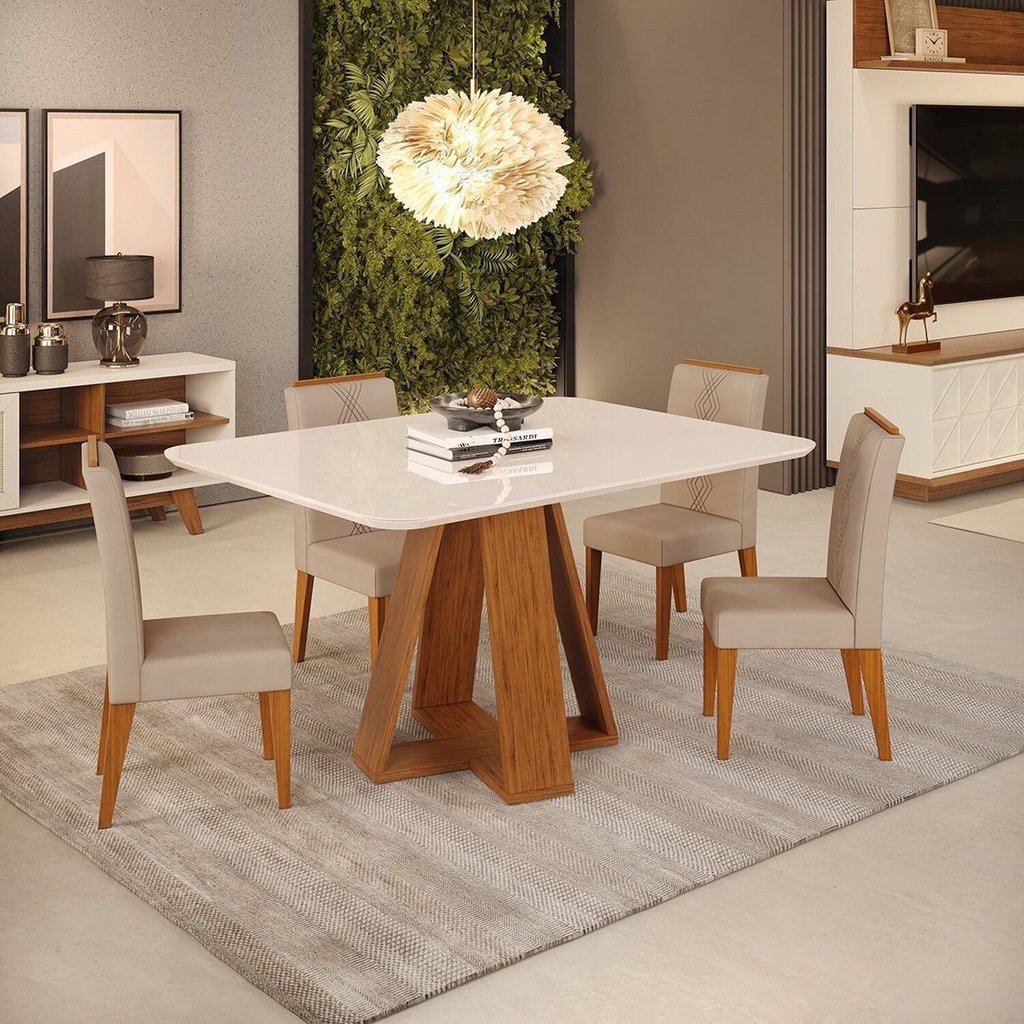 Conjunto Sala de Jantar Mesa 120cm Tampo de Vidro/MDF Kiara com 4 Cadeiras Yasmin Marrom/Freijó/Off White/Kraft
