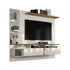 Painel para Sala TV 55 Polegadas Com Prateiras e Espelho e 2 Portas Intense Off White com Damasco - Lukaliam Móveis