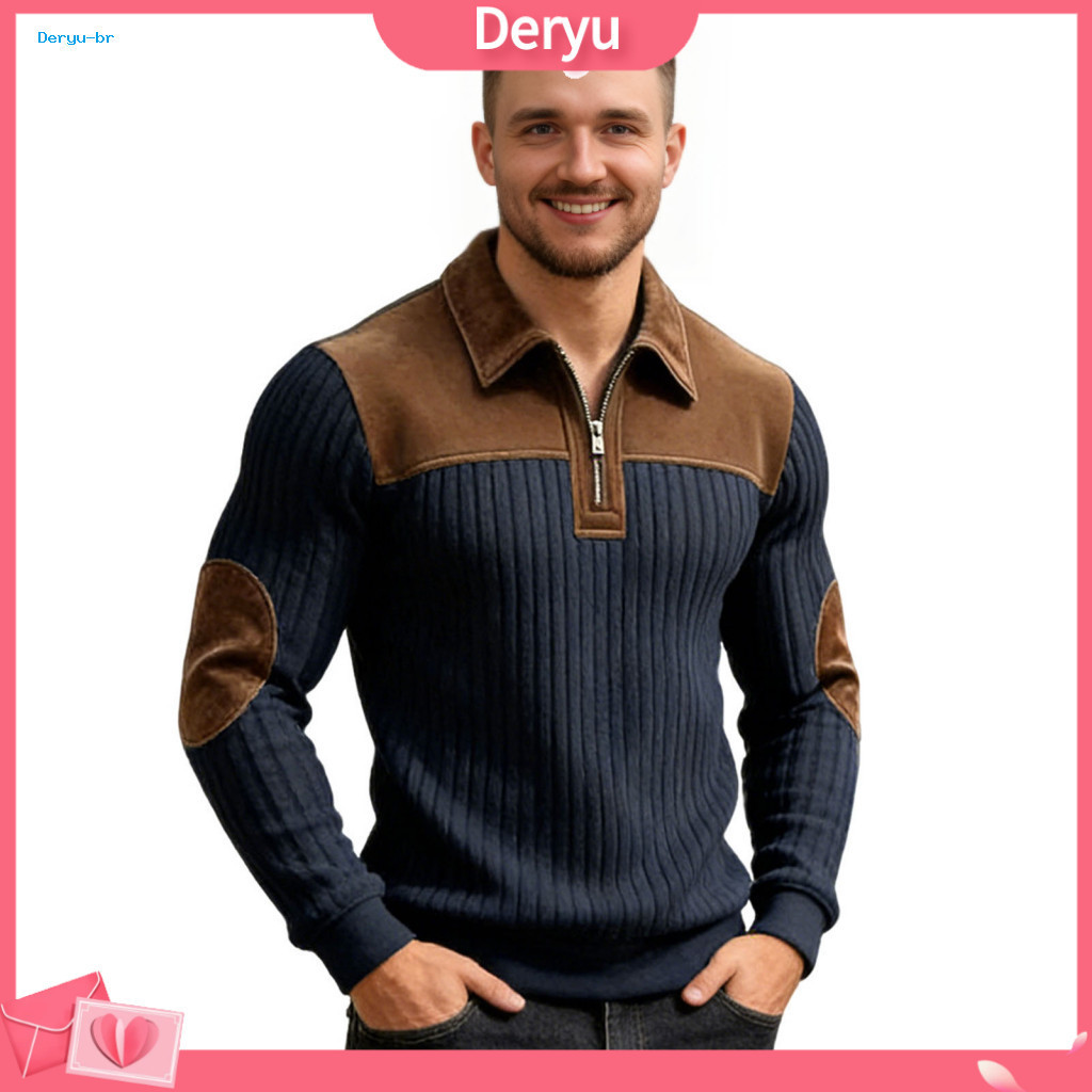 Men Sweatshirt with Elbow Patches Quarter Zip Shirt Men's Long Sleeve Pullover Color Block Jacquard for Daily for Southe