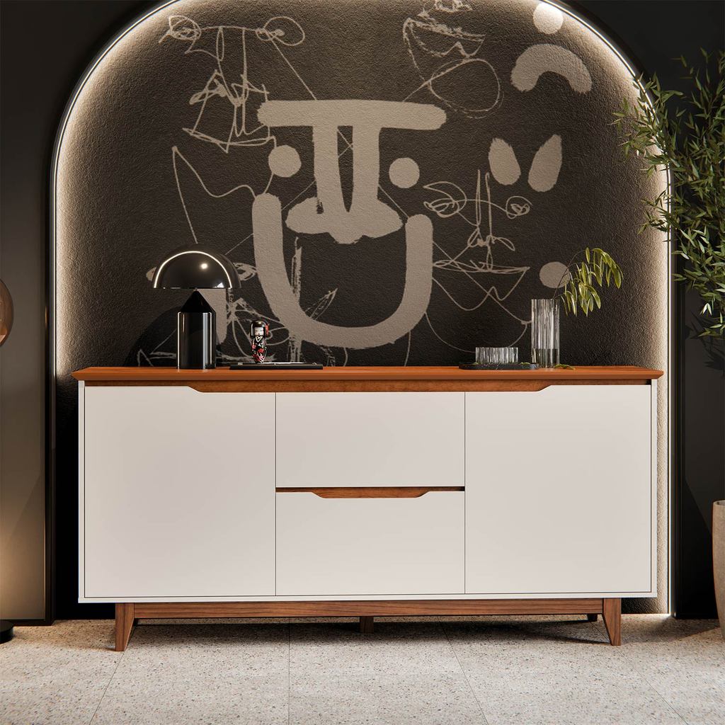 Buffet Aparador Bancada Para Cozinha Sala de Jantar 2 Portas com 2 Gavetas Flow Off White com Freijo — imagem 2 de 2