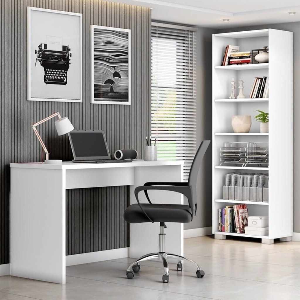 Conjunto 3 Peças com Cadeira para Escritório, Estante Livreiro e Escrivaninha Gávea Branco Branco