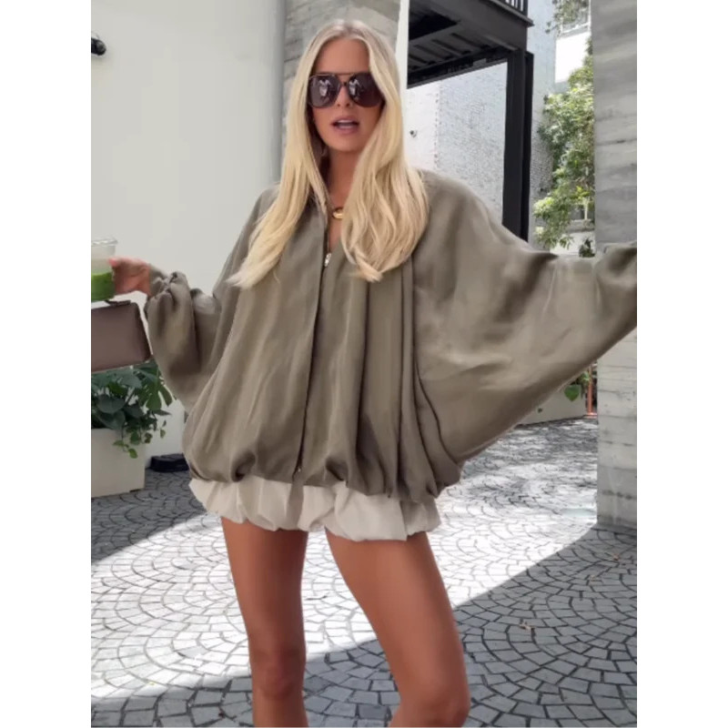 Casaco Fino com Zíper e Manga Lanterna, Gola de Lapela, Plissado, Solto, Estilo Piloto, Blusa de Cetim de Seda, Casaco F