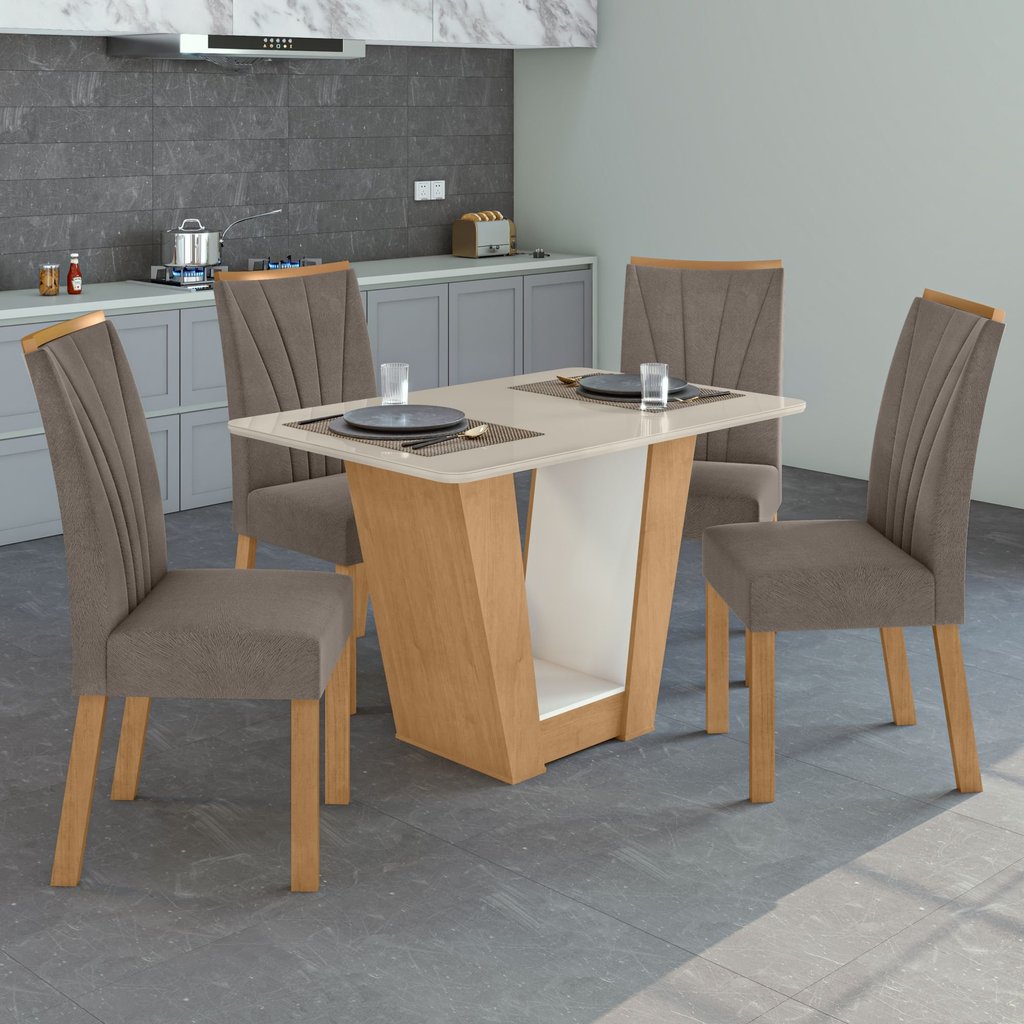 Conjunto Sala de Jantar 4 Lugares Retangular Tampo Vidro/MDF Mesa e Cadeiras Apogeu Amêndoa Clean/Off White/Animale