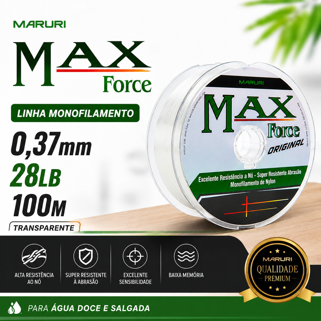 inha Monofilamento Maruri Max Force 0,37mm 28lb 100m Transparente Alta Resistência Pesca