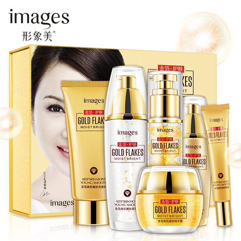 Contador de imagem genuína beleza folha de ouro beleza rejuvenescimento da pele conjunto de 6 peças 24k ouro hidratante