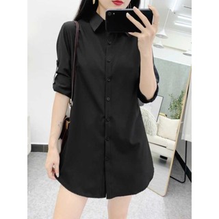 Estilo Preppy topo feminino 2026 primavera versão coreana comprimento médio tamanho grande camisa preta Casual de manga 