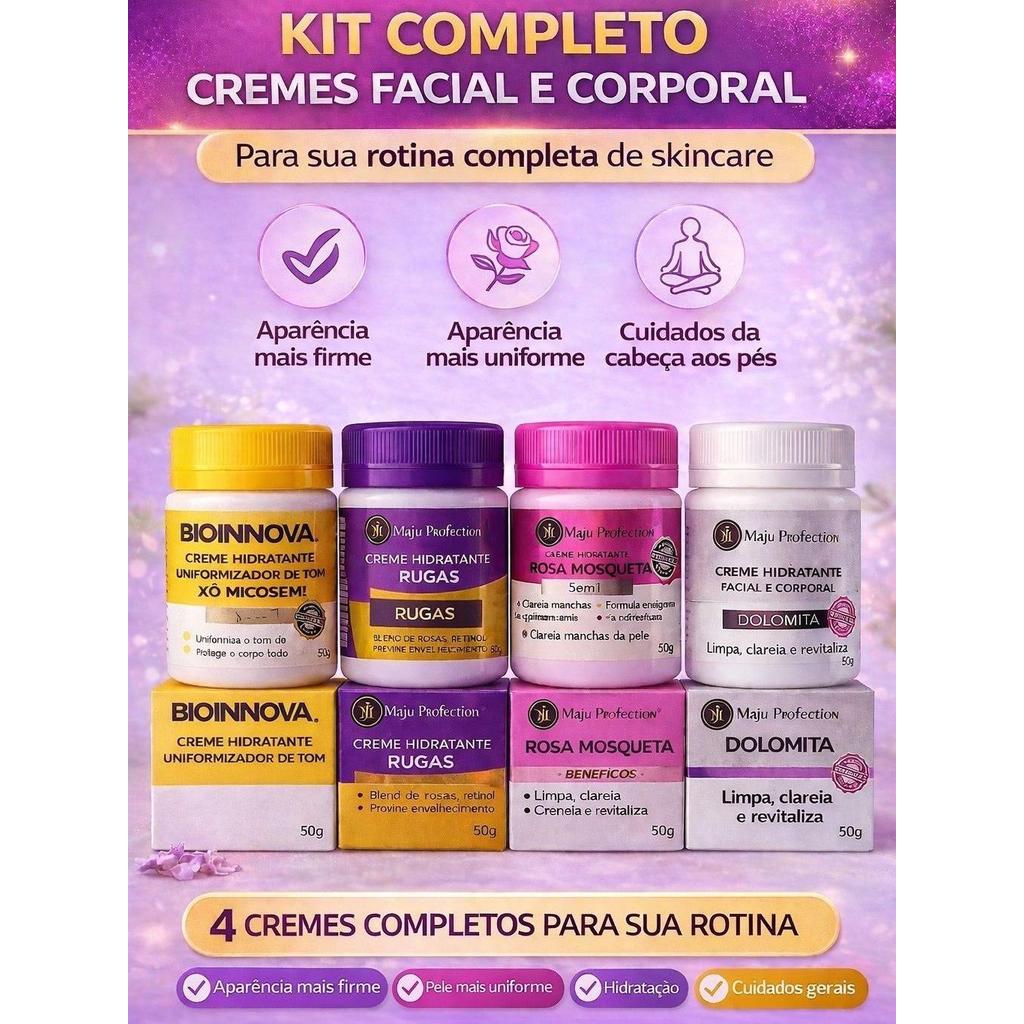 Kit Skincare 4 Cremes Facial e Corporal – Rotina Completa para Pele Mais Uniforme e Hidratada