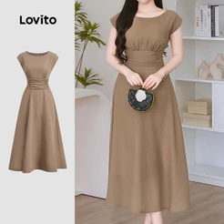 Lovito Midi Vestido Elegante Plissado de Textura Simples para Primavera/verão Vestido Cáqui para mulheres L184ED052