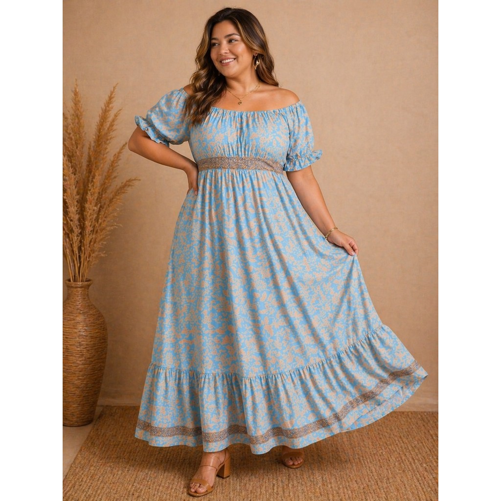 Vestido indiano longo ciganinha ombro a ombro,Plus size