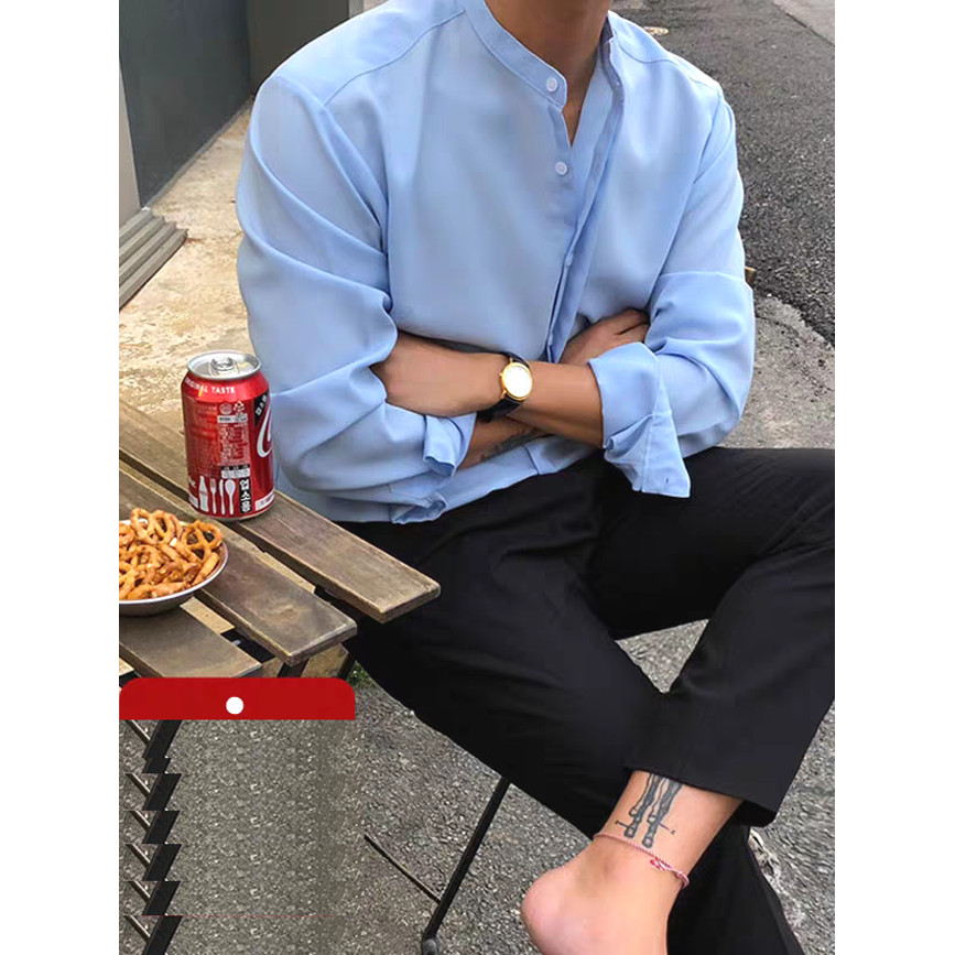 Camisa de manga comprida com protetor solar azul masculina, gola alta fina e justa, cardigã com botão oculto, camisa Cas