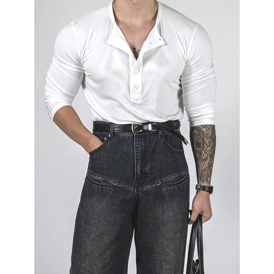 Calças justas de estiramento alto músculo masculino estilo cara resistente leve ligeiramente transparente blusa de manga