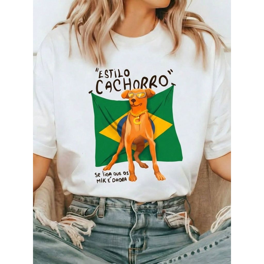 Camiseta Feminina Cachorro Caramelo Estilo Cachorro Blusa T-Shirt Estampada 100% Algodão Casual Tendencia Copa
