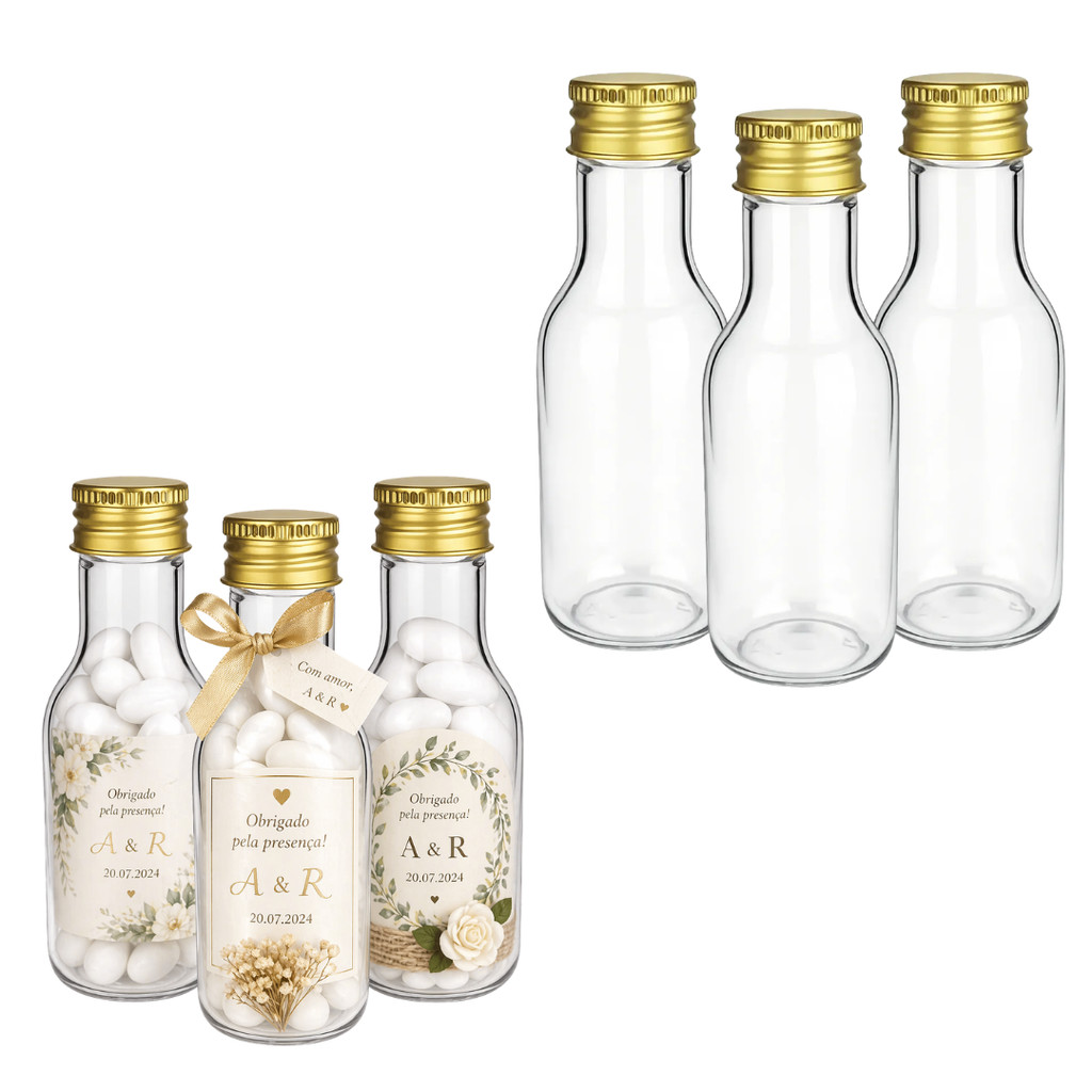 Kit 10 20 30 40 50 Garrafinha Frascos Plásticos 50ml com Tampa Metal Dourada