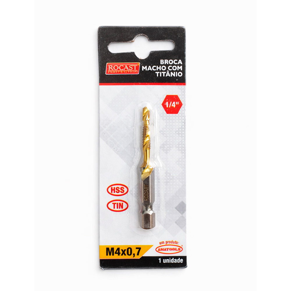 Broca Macho Aço HSS-TiN M4 x 0.7mm com Encaixe 1/4" Rocast 531,0003