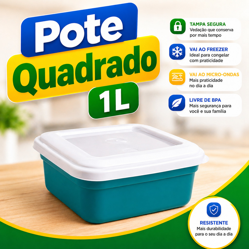 Pote Quadrado 1L Hermético Plástico Reforçado Alimentos Mantimentos Cozinha Freezer Geladeira Organizador Resistente