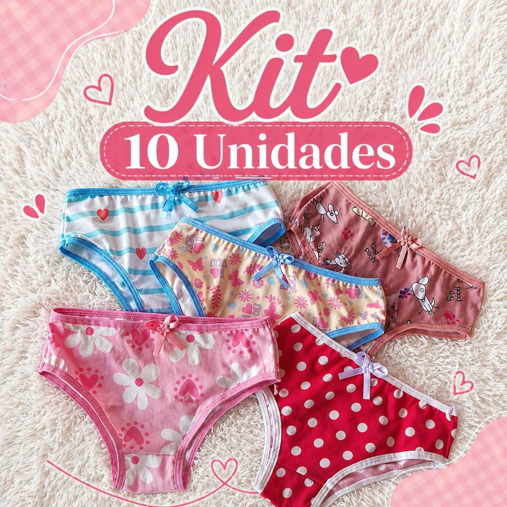 Kit 10 Calcinha Infantil Menina Estampadas Feminina Criança Confortáveis Colégio Dia a Dia