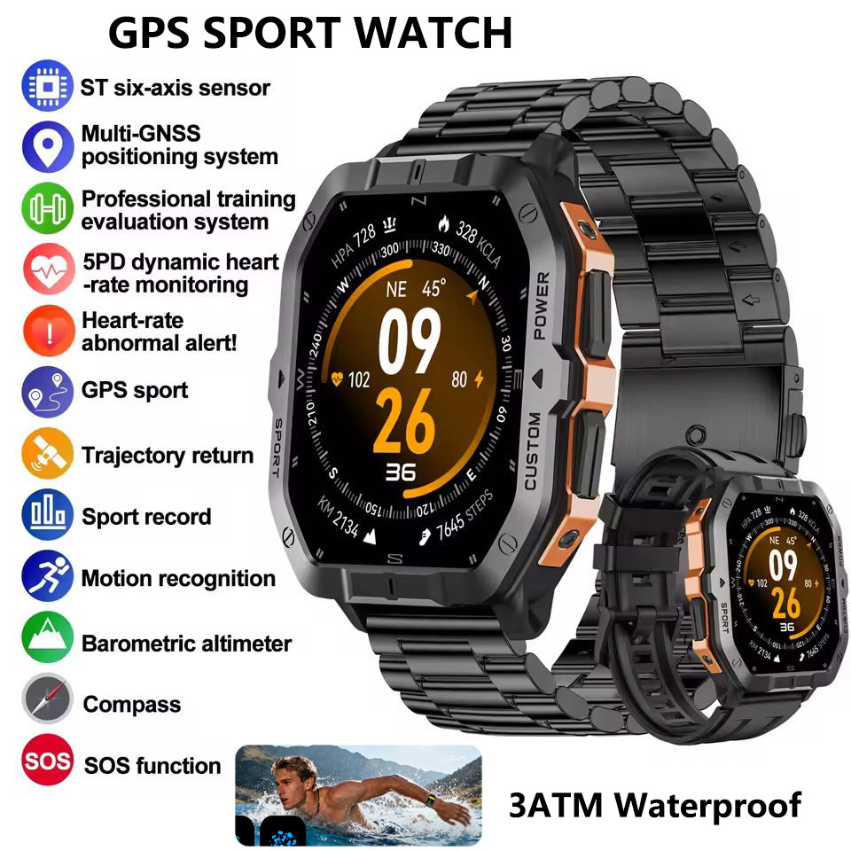 2026New GPS Smart Watch Masculino Tela HD De 2.02 Polegadas 3ATM À Prova D'água sensor De Seis Eixos Bússola Altímetro B
