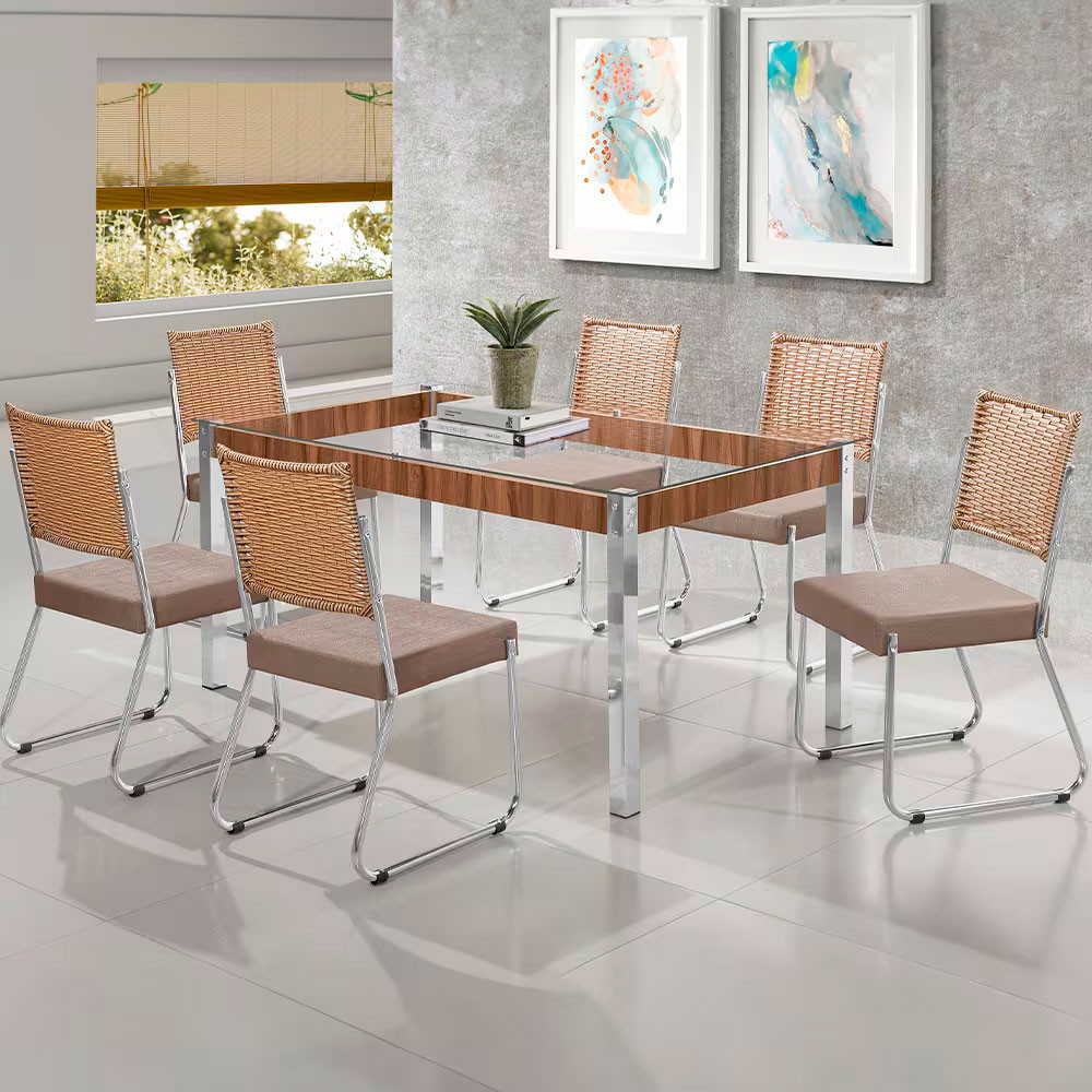 Mesa de Jantar Claudia com Tampo Kanon 6 Cadeiras Ao Nobre — R$ 2.799,00 em Shopee