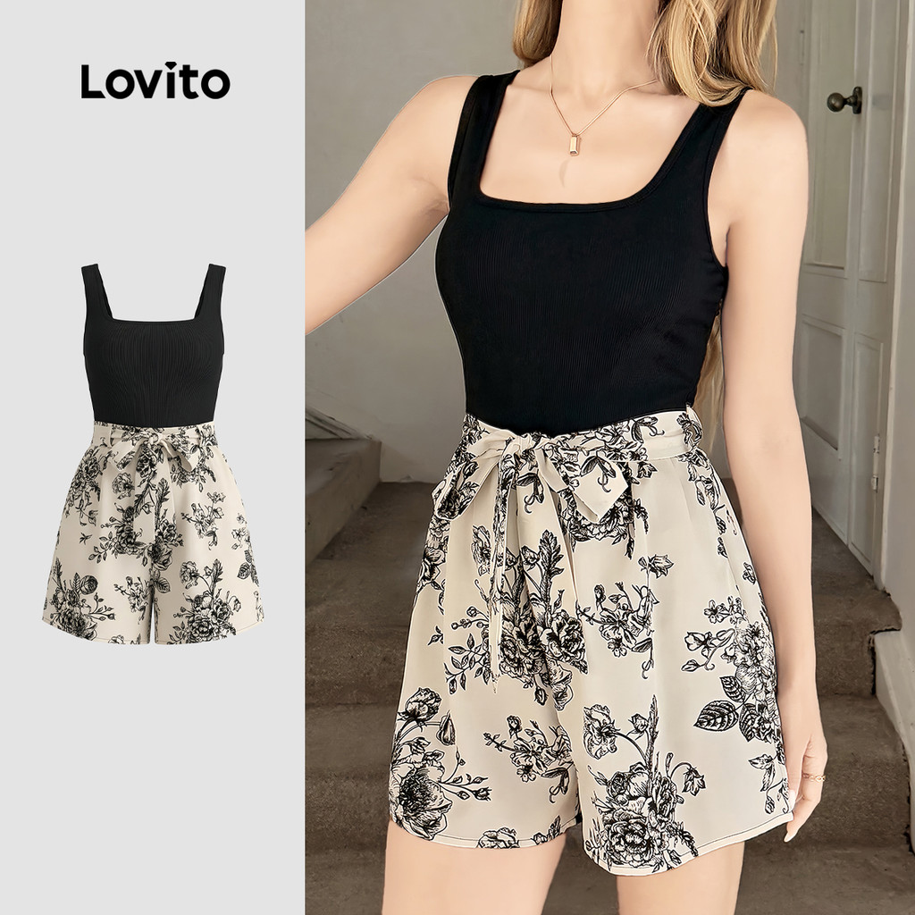 Lovito Macacão Boho com Cinto Colorblock para Primavera/verão para Mulheres LK4ED655