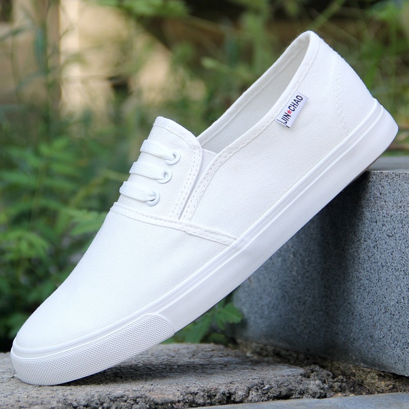 Sapatos masculinos de verão respirável estilo fino desodorante sapatos brancos puros sapatos de lona masculinos deslizam