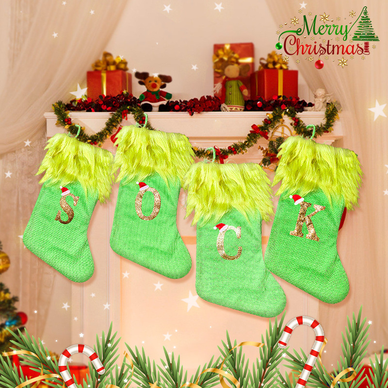 Meias de natal decorações de natal meias de natal de malha verde pelúcia carta de natal meias doces de férias