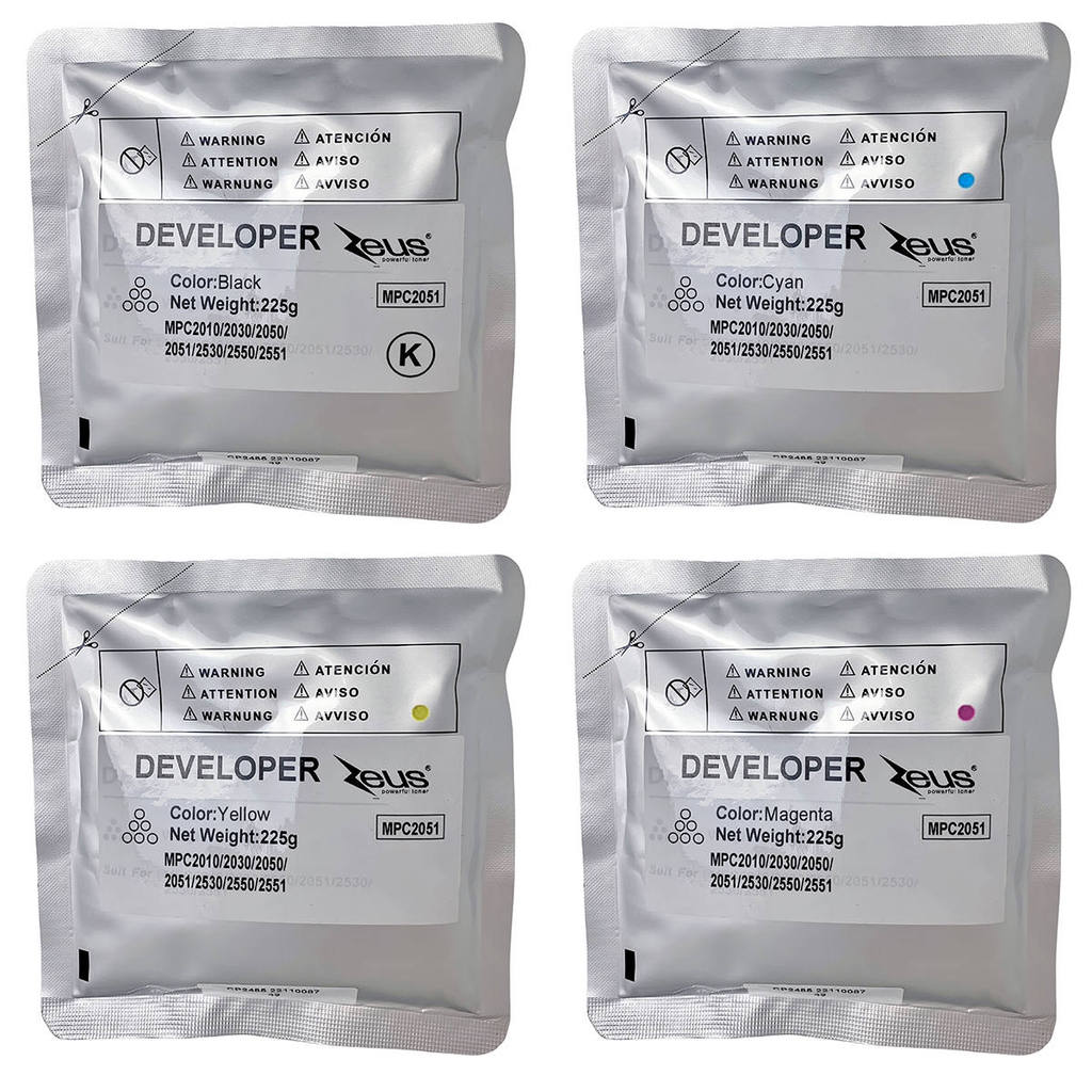 Kit 4 Cores Revelador Developer 4 x 225g Compatível com MP C2050 C2051 Zeus p/ MPC2050 MPC2550 C2551