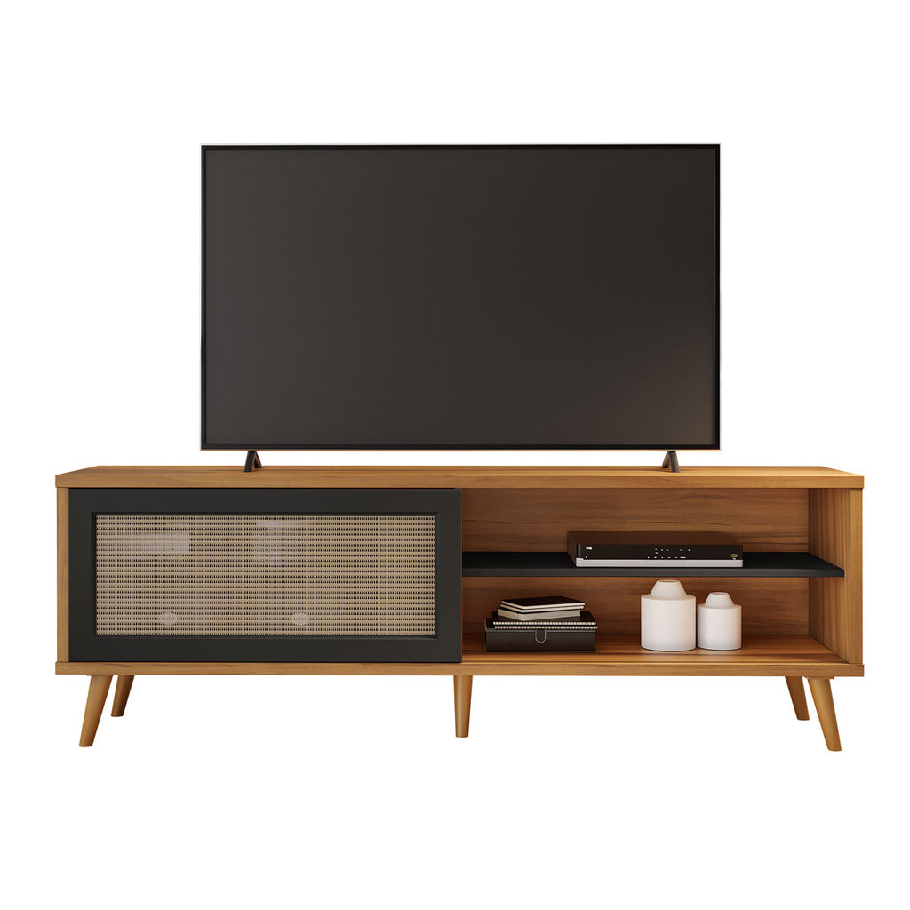 Rack Bancada 1175 TV até 60 Polegadas Compacto Pés de Madeira Retro com 1 Porta Deslizante Freijó com Preto - Notável