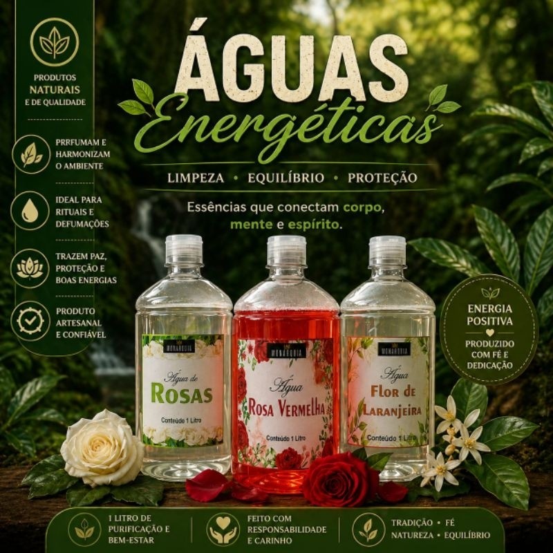 KIT 3 LITROS - ÁGUA DE FLOR DE LARANJEIRA 1 LITRO, ÁGUA DE ROSAS E ÁGUA DE ROSAS VERMELHAS
