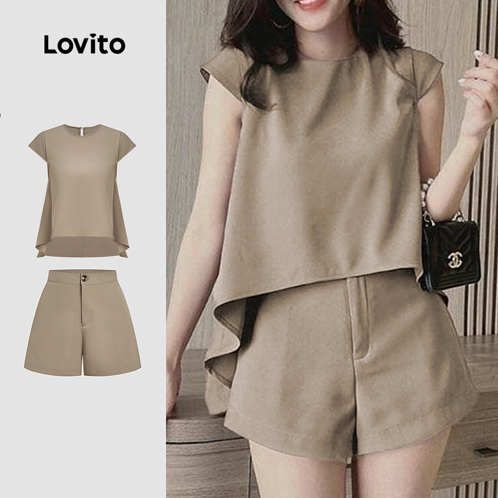 Lovito Conjuntos Casuais de Shorts com Pregas para Primavera/verão Shorts Caqui para mulheres L154ED206